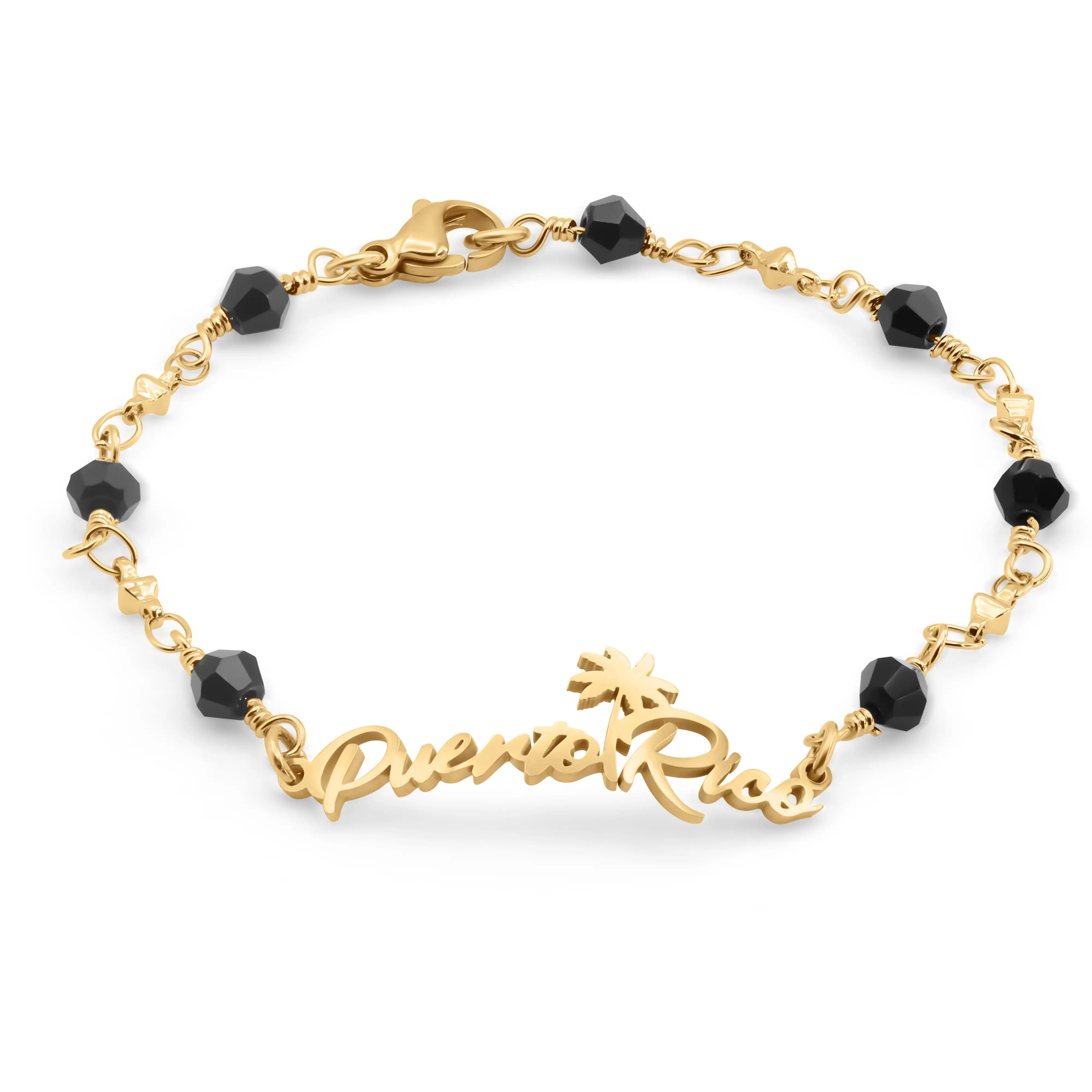 Gold Beaded Puerto Rico Bracelet - 14k Heavy Gold Plated, Black Beaded Bracelet