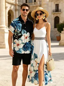 DRESSLILY 2026 Tropical Vacation Couples Clothing Set - Women's Sleeveless Spaghetti Strap Fitted Lightweight Hibiscus Floral Leaf Print Slit Lace Hollow-Out Long Tropical Dresses, Men's Button-Up Matching Outfit