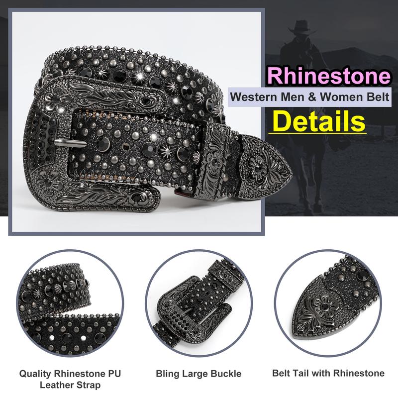 XZQTIVE Men Women Rhinestone Studded Western Leather Belt Western Cowboy Cowgirl Unisex Waist Belt with Rhinestone Buckle