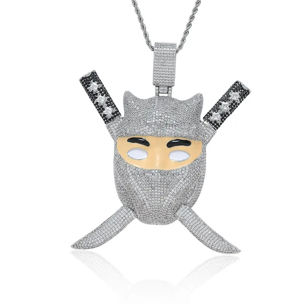 Luxury Silver Tone Ninja Mask Pendant Necklace for Men Women, Iced Out CZ Samurai Sword Chain Necklace, Bling Hip Hop Statement Streetwear Jewelry Gift