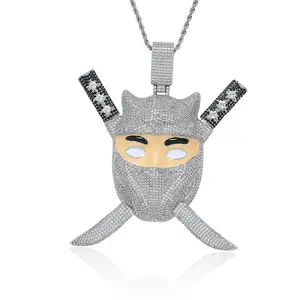 Bling Silver Tone Warrior Mask Pendant Chain for Men Women, Sparkly Cubic Zirconia Ninja Necklace with Sword Detail, Trendy Streetwear Jewelry Gift for Him Her