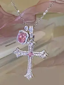 Rhinestone Cross Necklace with Square Pendant, Fashionable Silver Color Jewelry for Women, Luxury Necklace for Daily Wear
