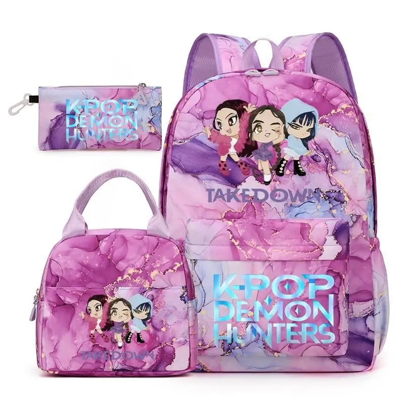 kpop Print 3 In 1 Backpack Set Purple Marble Laptop School Daypack Lunch Bag Pencil Case Combo
