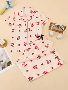 Women's Heart Cherry Bow Print Sleepwear Set, Casual Lapel Button Short Sleeve Long Pants Homeewear, Comfortable Women's Nightwear