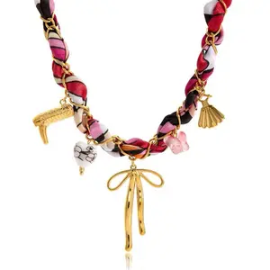 Stainless Steel Necklace – Boots, Heart, Bow & Pink Glass Butterfly Pendants, Gold-Tone Finish