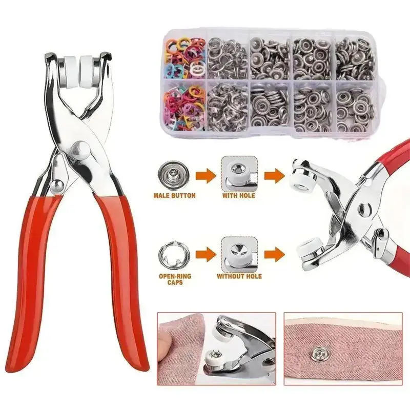 200 Pcs DlY Metal Snap Button Tool KitIncluding 200 pcs Snap Buttons, 1 Pcs fastener Pliers 1 Pcs of Rivets Tool, Easy ToUse, Suitable for Clothing and Synthetic LeatherProduction,household sewing accessory snapbutton installation tool
