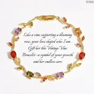 18K Gold Plated Multicolor CZ Vine Bracelet, Nature Inspired Leaf Branch Rainbow Crystal Tennis Bracelet, Dainty Handmade Elegant Jewelry, Perfect Gift for Mom Girlfriend Bridesmaid, Ideal for Birthday Anniversary Wedding