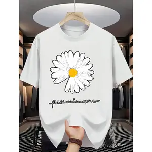 1pc Summer Fashion Daisy Print T-Shirt for Men, Casual Crew Neck Short Sleeve Tee, 100% Polyester Knit Fabric with Slight Stretch, Regular Fit Adult Top