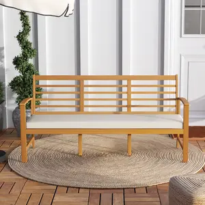 COSTWAY - Patio 64 Inch Wood Bench with Seat Cushion and Slatted Seat for Backyard-Off White
