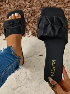 Women's Plus Size Casual Flat Round Toe Frill Sandals, Perfect Gift for Leisure Outings and Beach Days, PU Leather Patchwork Shoes, Elegant Sandals, Beach Slides Sandals