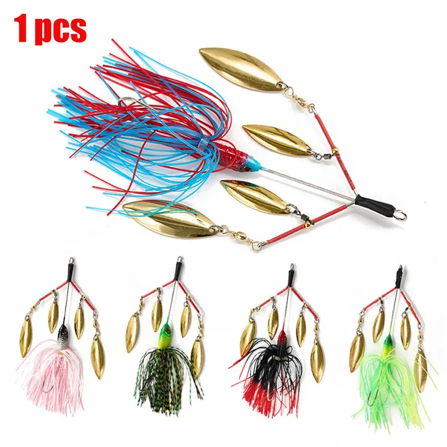 Artificial Mustache Bait Synthetic Rotating Lure with Fish Head Hook and Willow Spinner, Hard Fishing Lure with Glitter Paillettes, Fishing Equipment