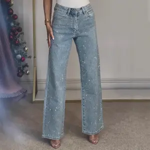 Women's Full Rhinestone Washed Jeans High-Waisted Straight Pants Sexy Long Pants