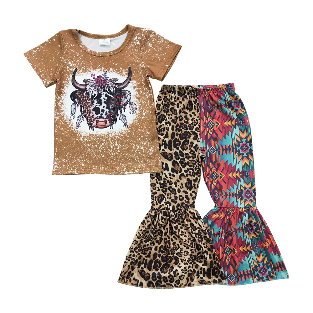 Girls' 2-Piece Milk Silk Pants Set - 4T (Ages 4-5), Short Sleeves Yak Brown Top, Patchwork Leopard & Aztec Print Bell Bottoms with Slight Stretch, Girls Clothes for Kids