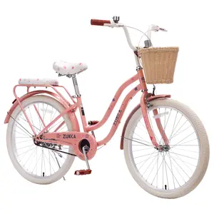 24 Inch Peach Pink Girls Cruiser Bike, Single Speed City Commuter Bicycle with Wicker Basket & Rear Rack, High‑Carbon Steel Frame Comfort Outdoor Leisure Riding Bike