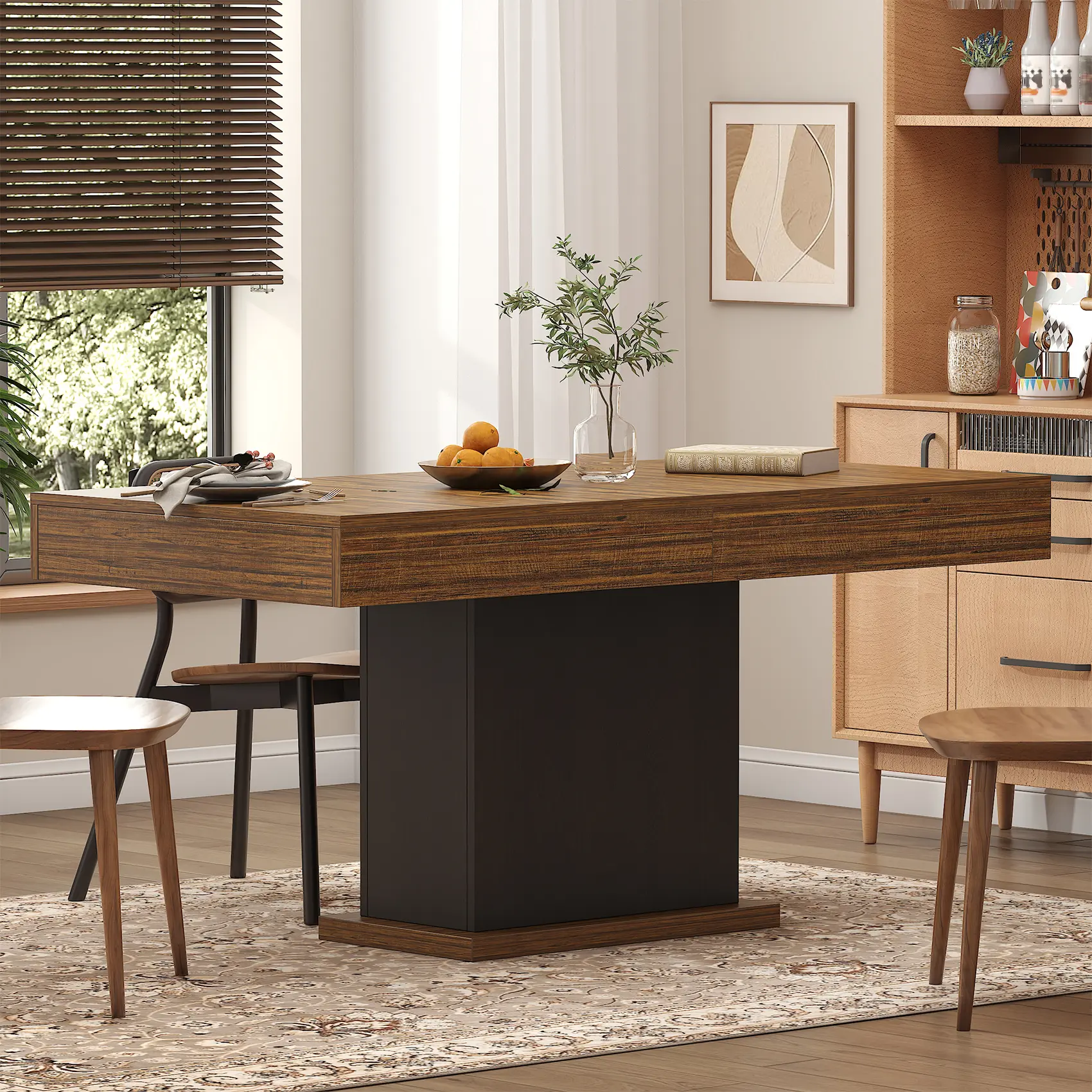 Dining Table for 6, Farmhouse Wooden Kitchen Table with 2 Drawers, Rectangular Dining Room Furniture with Led Light, , Natural Wood Grain Top