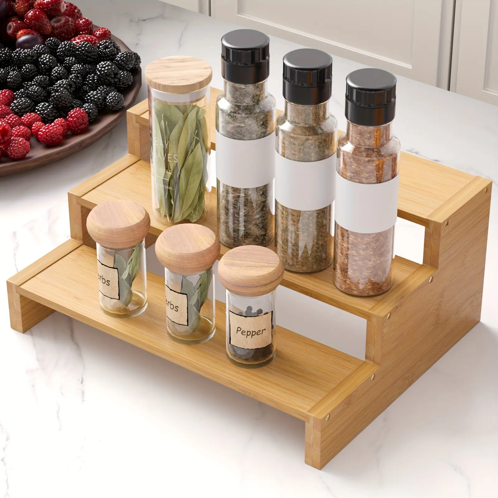 1pc Bamboo 3-Tier Ladder Shelf - Space-Saving Vertical Kitchen Storage Shelf with Wide Base & Sturdy Steps, Bamboo Plant-Based Organizer for Spices, Herbs, Oils, Condiments - Sturdy Ladder Shelf for Countertop
