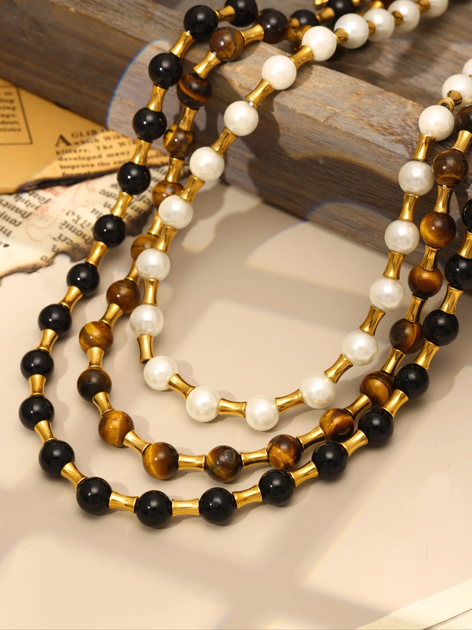 Elegant Women's Necklace with Natural Stone Tiger Eye Beads, Beaded Chains, Stainless Steel Bamboo Ot Clasp Chain Fashionable Jewelry Gift for Her