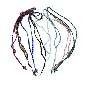 100% Handmade Rosary Cross Pendant Long Braided String Knotted Catholic Religion Adjustable Colorful Rope Necklace Lucky Protection Keepsake Jewelry for Women Men made in Mexico