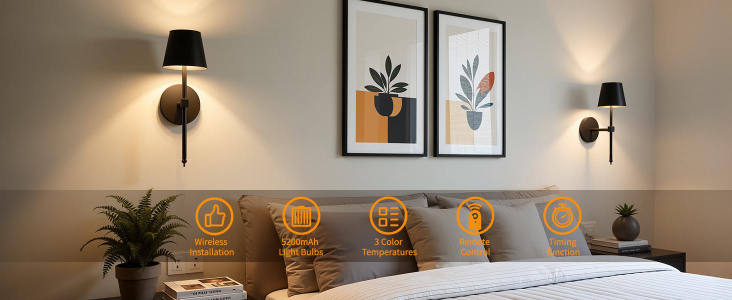 FRIDEKO HOME Wireless Battery-Powered Wall Lamps in with Dimmable Timer Remote, 5200mAh Black Vanity Light Fixtures for bedrooms, living rooms, corridors, kitchens ( Adjustable brightness wireless wine light)