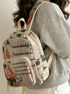 1 piece of pink rose pattern + 'Words of Wisdom' 2D printed lady's backpack, velvet texture + layered storage + light weight reduction | perfect for students to go to class/shopping/short trips | combination of atmosphere and practicality