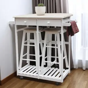 Small Space Foldable Dining Cart with Round Stools - Compact Rolling 2-in-1 Dining Set with Drawers & Towel Rack (White, 32.09x15.55x32.68")