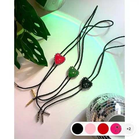 Heart Shapes Bolo Tie is Red, Black or Green. On vegan rope.