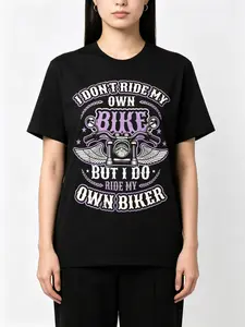 I Don't Ride My Own Bike But I Ride My Own Biker Vintage Motorcycle Wing Purple Graphic Oversized Black T-Shirt, Funny Biker Chick Cotton Tee, Women's Biker Lover Casual Streetwear Top