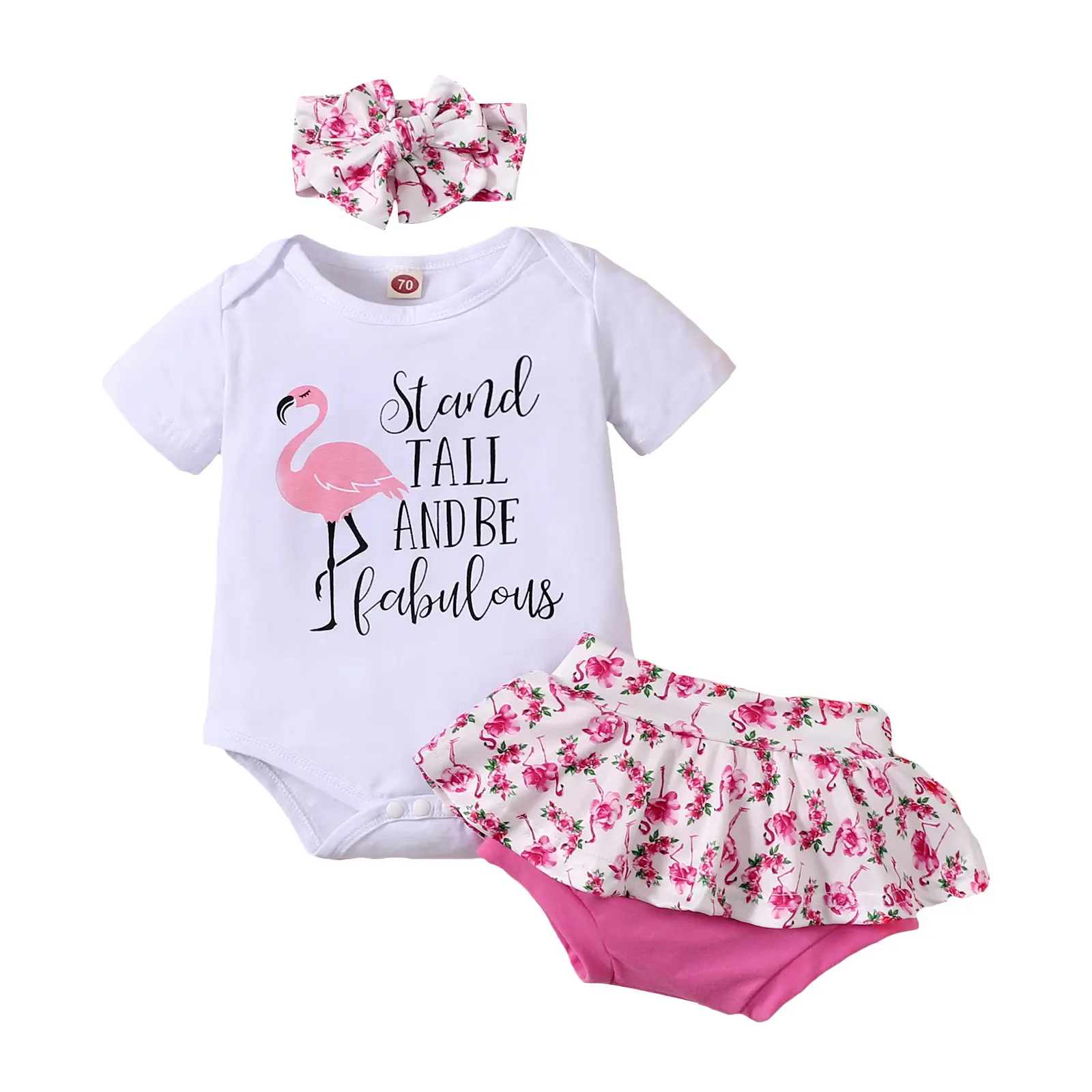Newborn Girl Three-Piece Outfits, Short Sleeve Letter Romper + Sunflower/Watermelon/Bird/Lemon Shorts + Decorative Headband