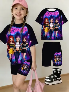 Girls' Summer T-Shirt Shorts Set, Neon Stage Design, Trendy K-Pop Group Cartoon Print, Casual Streetwear, Perfect Gift
