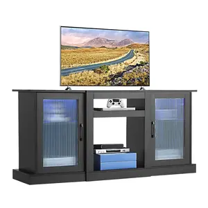 TV Stand for 65-Inch TVs, Modern Entertainment Center with Ambient Light Strip, Wooden Cabinet with Glass Doors and Adjustable Shelves, Cable Management System, Concealed Storage, Ideal for Living Room or Bedroom, Black Finish