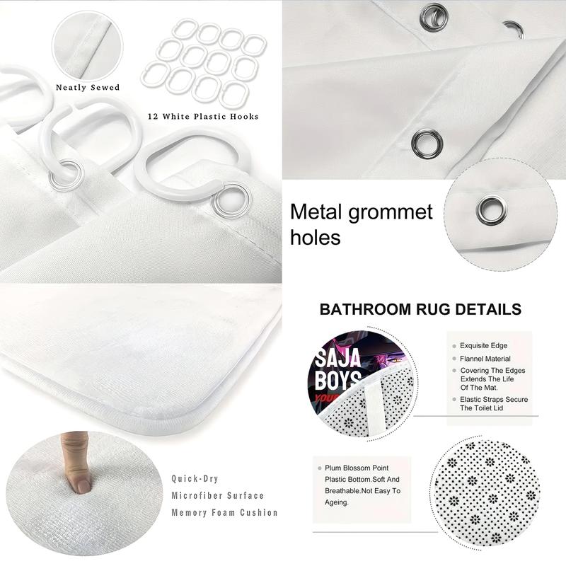 K-POP Demon Hunters Bathroom Set, Including Shower Curtain with 12 Hooks, Non-Slip Bath Rug, U-Shaped Toilet Mat, Toilet Lid Cover, Bathroom Decoration Accessories