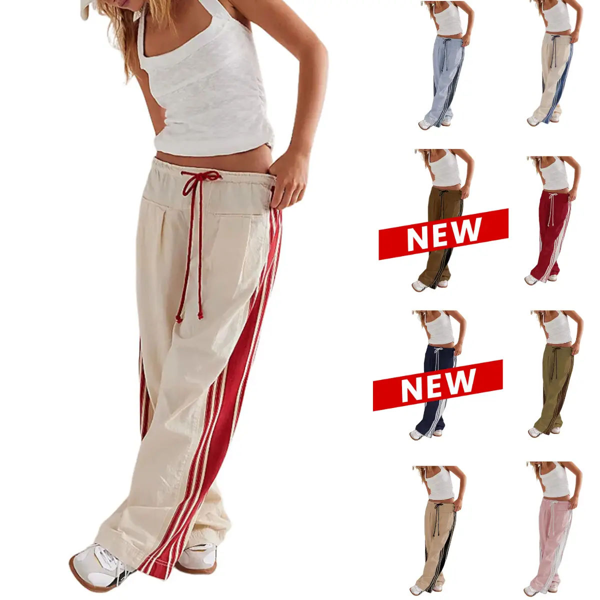 Yeokou Women's Wide Leg Track Pants Drawstring High Rise Side Striped Slouchy Palazzo Pants with Pockets Womenswear Wideleg