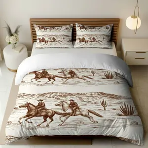 3PCS Duvet Cover Set, 1 Duvet+2 Pillowcases(Without filler), Western Cowboy Desert Horse Riding theme, Christmas bedding set, Rustic Vintage Style Suitable for decoration Bedroom, Guest Room, Cabin, Lodge.