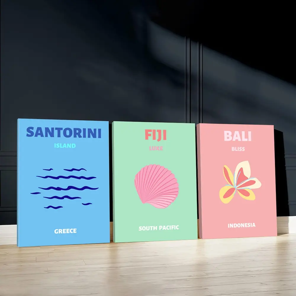 3pcs Santorini Wall Art, Island Paradise Poster, Fiji Art Prints, Tropical Bliss Home Decor, Modern Wall Paintings, Cozy Canvas Posters Wall Arts, Decor for Living Room, Restaurant, Kitchen, Bedroom, Housewarming Gift, With Frame