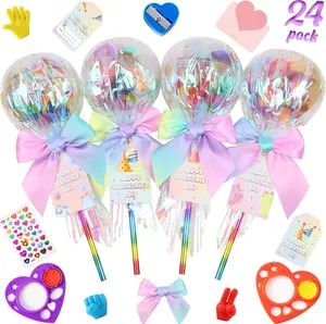 Valentines Day Gifts for Kids - 24 Pack Giant Rainbow Stationery Set with Valentine's Cards for School Classroom Class Party Favor - Valentine Gift Exchange for Boys Girls Toddler