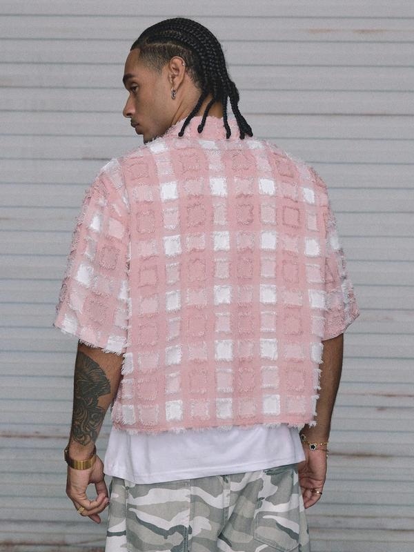 American Street Style Striped Short Sleeve Shirt, Letter Print Vintage Button-Up, Casual Loose Fit for All Seasons