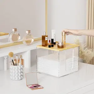 Disposable Face Towel Holder Box, Acrylic Facial Container for XL Clean Skin Club, Large Storage With Bamboo Lid, for Bathroom, Vanity Makeup, Clear Organiser Nature Waterproof Narrow Locker Wheels