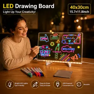 LED Acrylic Drawing Board with 7 Color Markers & Foldable Stand, USB Powered Light Up Message Board, Reusable Neon Memo Board for Gaming Room, Bedroom Decor, Desk Display & Creative Writing