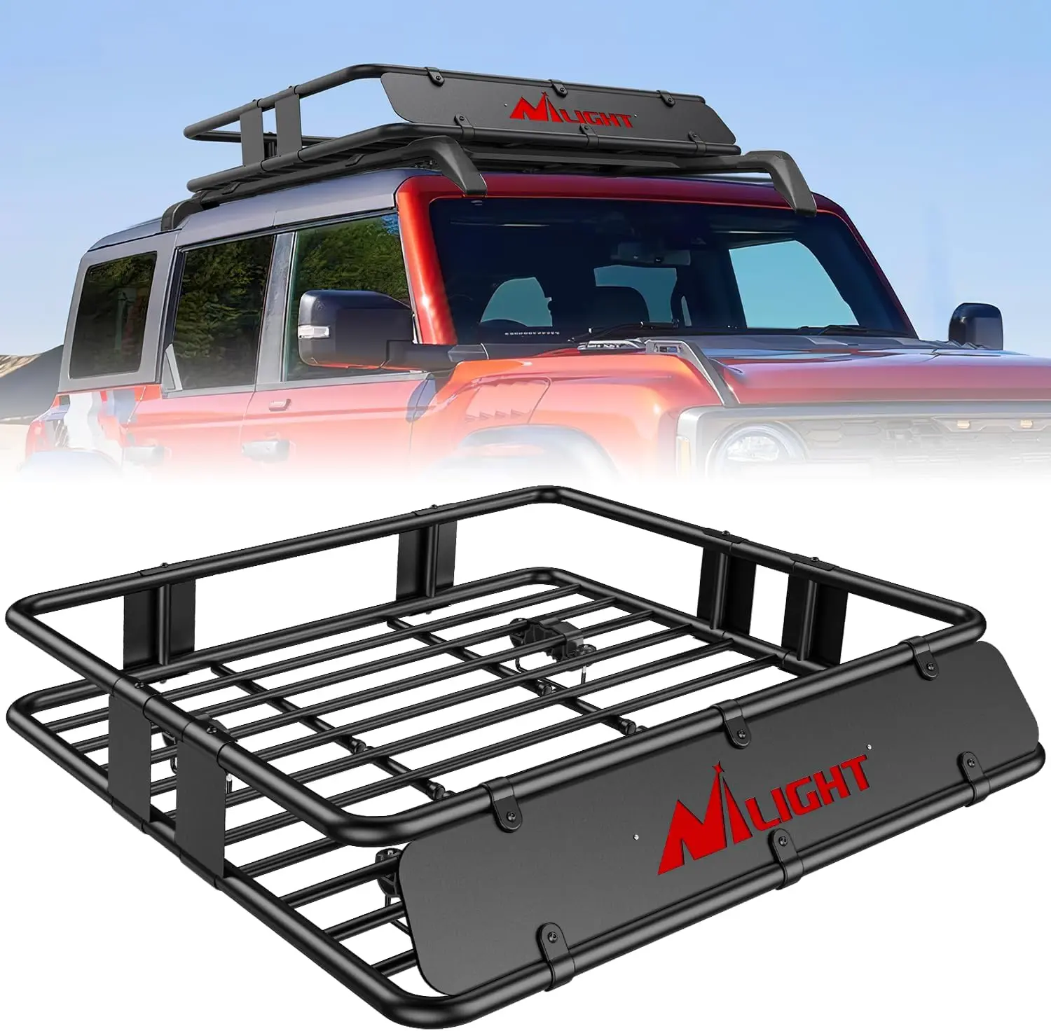 Nilight Heavy-Duty Powder Coated Metal Roof Rack Cargo Basket, 43"x39"x6", Weight Capacity 250lbs, Curved Corners, Wind Fairing, Crossbars Compatible, Universal Automotive Accessories for SUVs/Trucks for Camping, Hauling Cargo Bags
