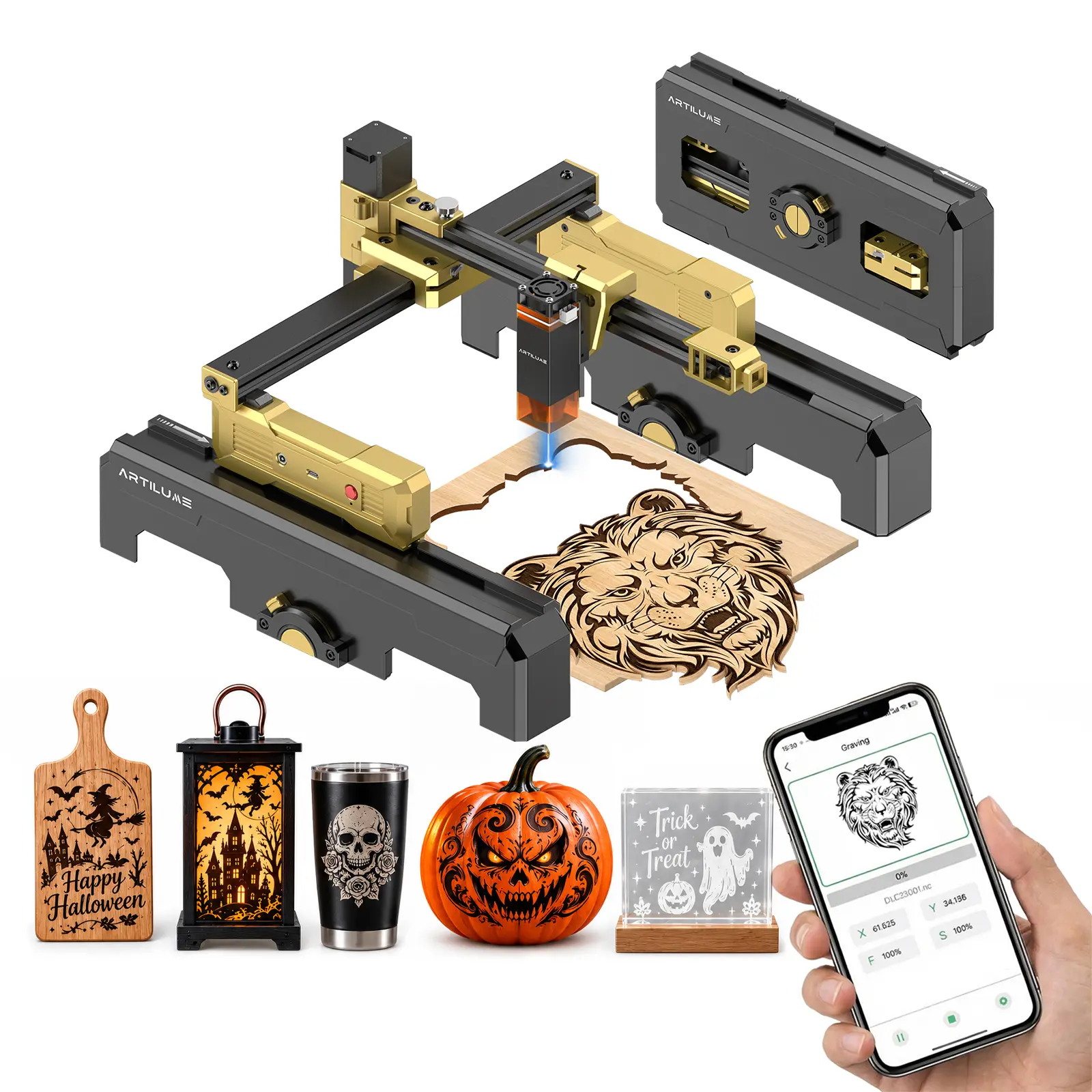 ARTILUME T1-P 7W Laser Engraver & Cutter Engraving Machine Printers, APP Control, Protective Cover, Foldable Design, 0.01mm Precision, 200×150mm Engraving Area, Beginner-Friendly Office Tool