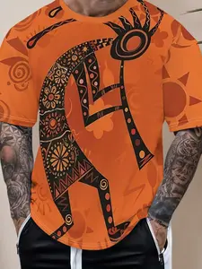 A men's bright orange abstract print short-sleeved Round Neck T-shirt - Geometric pattern design, lightweight polyester fabric, casual summer clothing, casual wear, Streetwear | Abstract art top | Smooth texture | Menswear