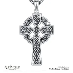 Audinceed Celtic Cross Necklace, S925 Sterling Silver Celtic Knot Cross Pendant Irish Knot Crucifix Amulet Blessed Silver Necklace Pendant Jewelry Gift  for Men Women