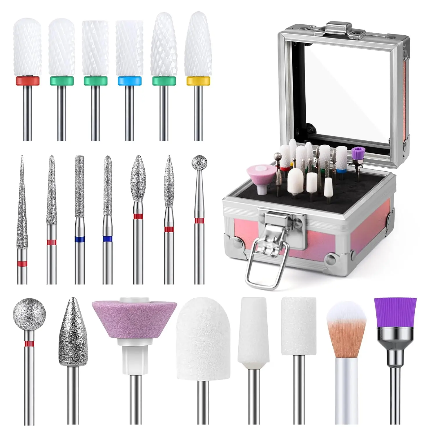 21 count  Drill Bit Set with Portable Holder Case, 3/32'' Ceramic  Carbide  Gel  Art Tool Kit, Cuticle Remover Bit for  Dip , Manicure Pedicure, Salon Home
