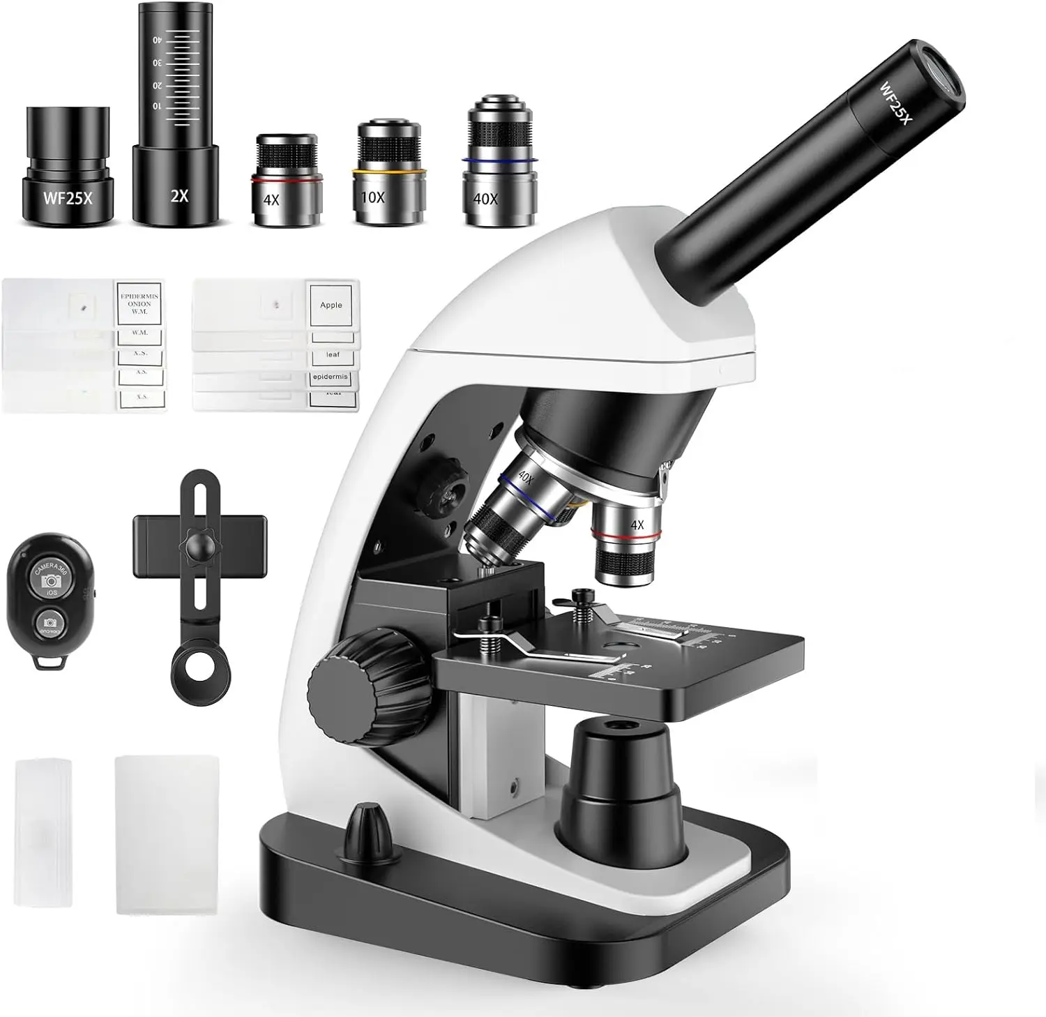 Monocular Biological Compound Microscope, 2000X High Magnification, Universal for Adults, Students & Kids, Professional Lab Teaching Instrument with Phone Adapter,Complete Slides Set，Black