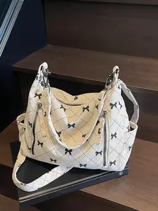 Women's Elegant Colorblock Bowknot Pattern Corduroy Crossbody Bag, Fashionable Quilted Shoulder Bag for Daily Used, Casual Trendy Versatile High-quality Daily Commuting Bag  Purse, Casual Crossbody Bags