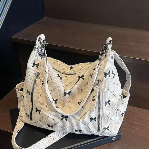 Women's Elegant Colorblock Bowknot Pattern Corduroy Crossbody Bag, Fashionable Quilted Shoulder Bag for Daily Used, Casual Trendy Versatile High-quality Daily Commuting Bag  Purse, Chic Crossbody Purse, Casual Crossbody Bags