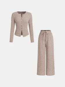 Women's 2-Piece Striped Wide Leg Pants and Long Sleeve Knit Cardigan Set, Comfort and Fashion Outfits Perfect for Spring & Fall