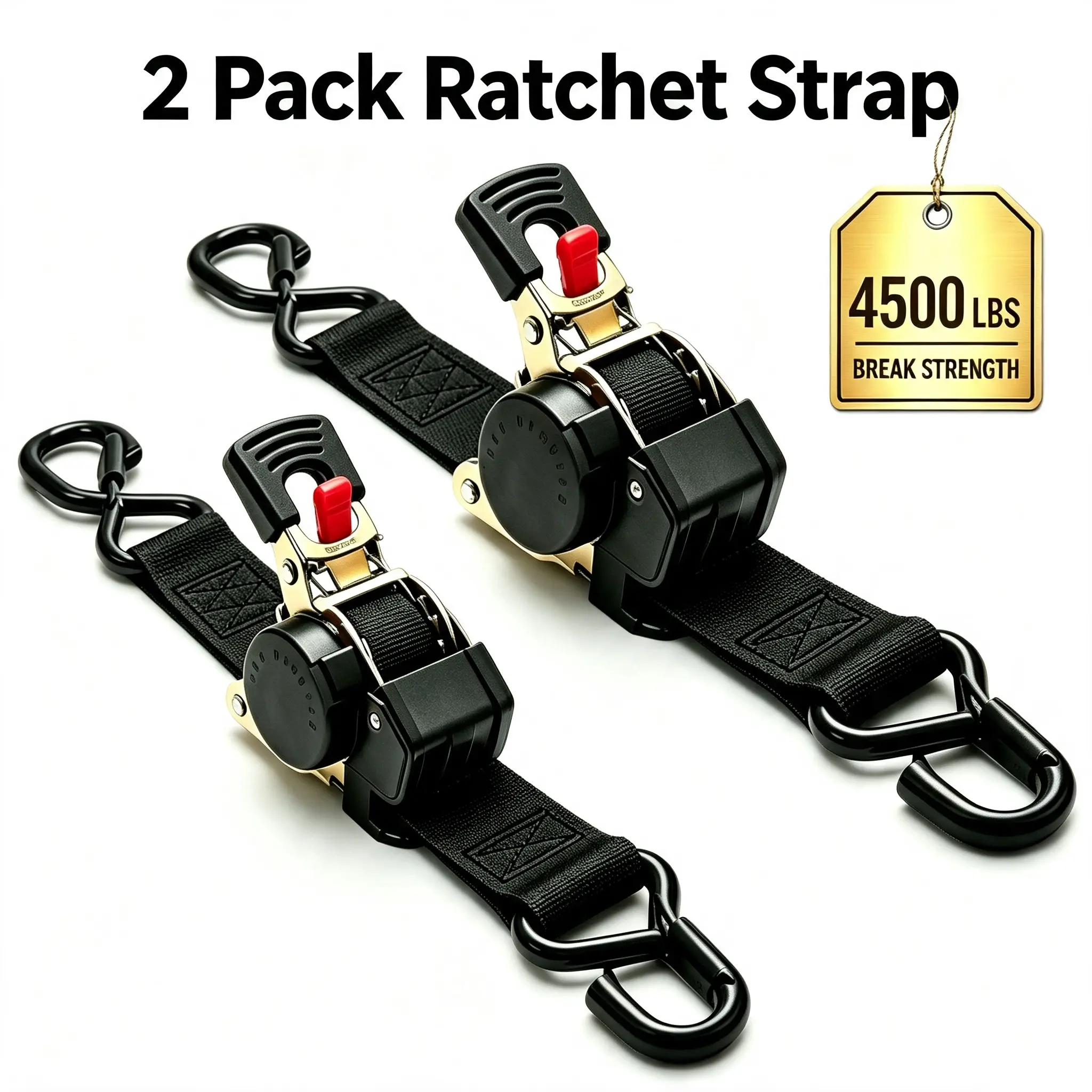 Retractable Ratchet Strap 2 Pack, 2" x 10 FT Heavy Duty Tie Down Straps with Damped S-Hooks, 4500 LB Cargo Straps for Truck, Motorcycle, ATV, Kayak & Trailer
