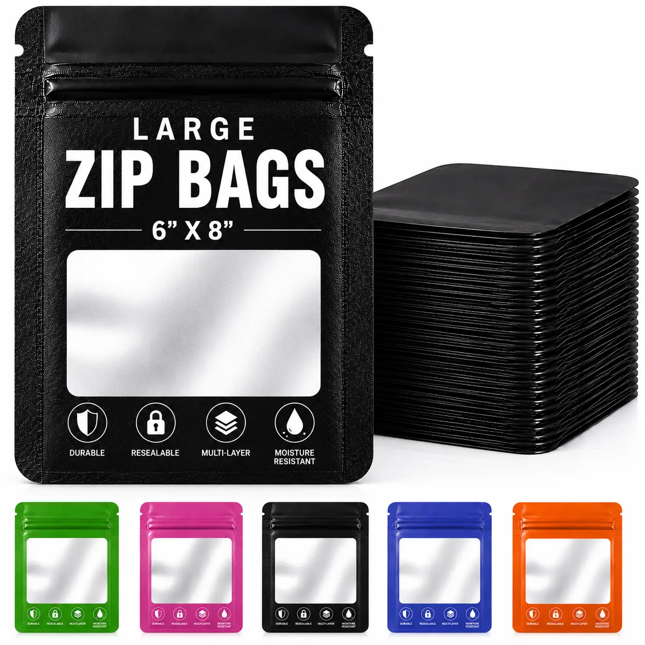 50 Pack - Large Solid Color Zip-Seal Foil Pouches (6"x8") Square Style Selection