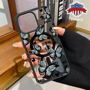 Advanced Butterfly Pattern Magnetic Phone Case Supports Wireless Charging for iPhone 15 16 14 Pro Max 13 12 11 XR XS Plus E Shockproof Non Slip Protection Silicone Transparent Acrylic Cover Cellphone Protective